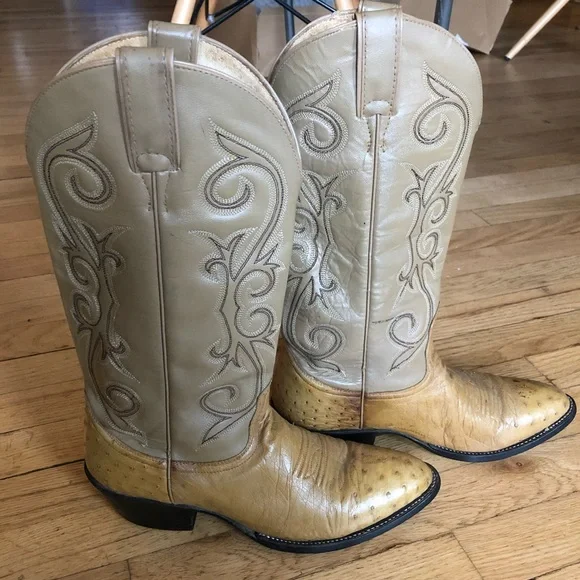 Cowboy boots 9.5/10 women 8D mens tan beige ostrich vintage - Picture 2 of 8